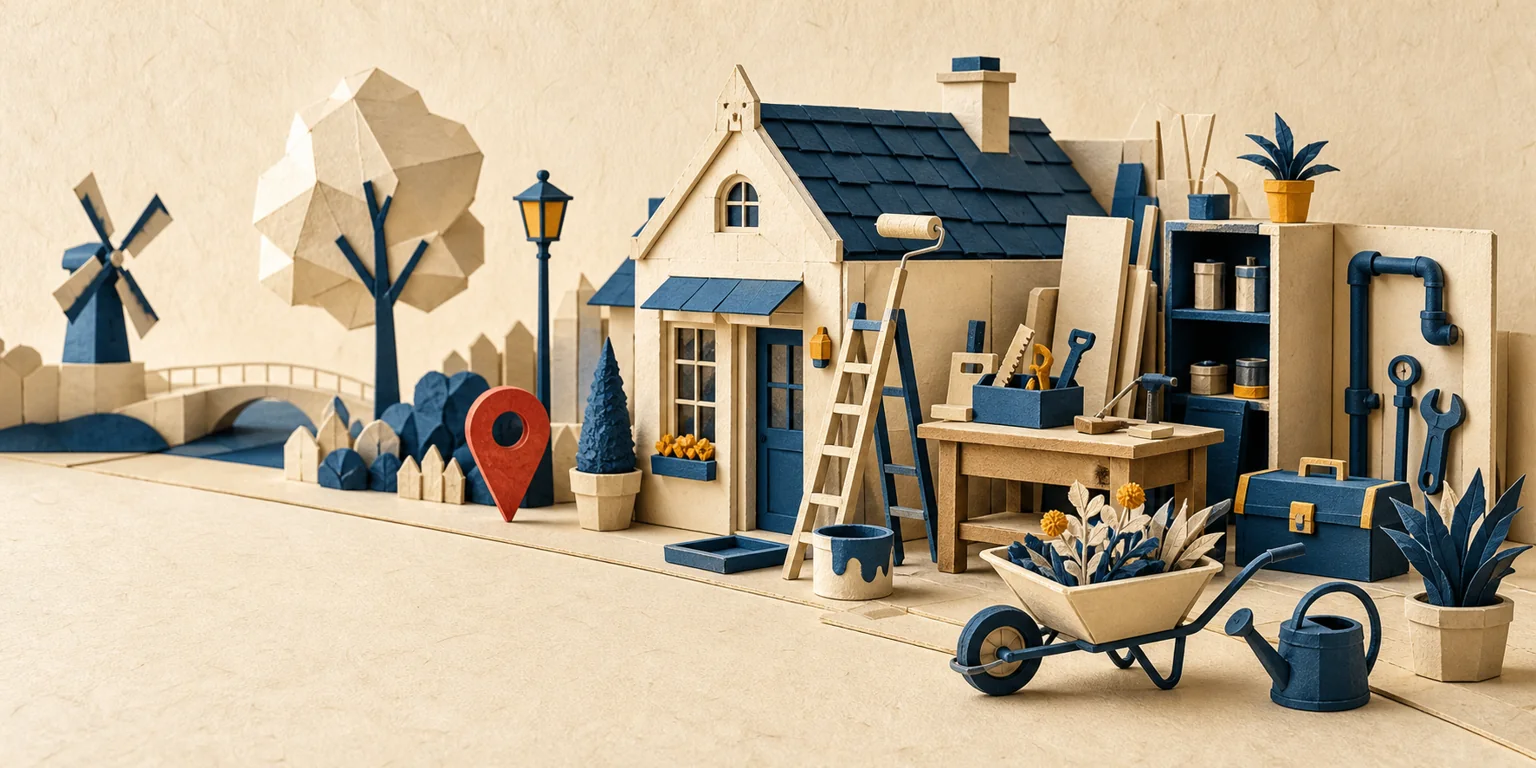 Papieren werkplaatsstraat met schilders-, bouw-, tuin- en loodgietersgereedschap