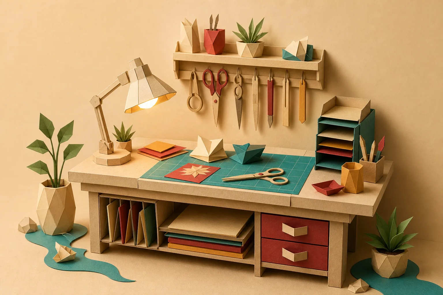 Papieren werkbank met lamp, gereedschap, planten en gevouwen onderdelen