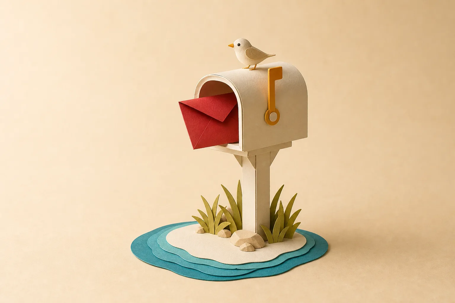 Papieren brievenbus met een crimson envelop en een papieren vogeltje erop