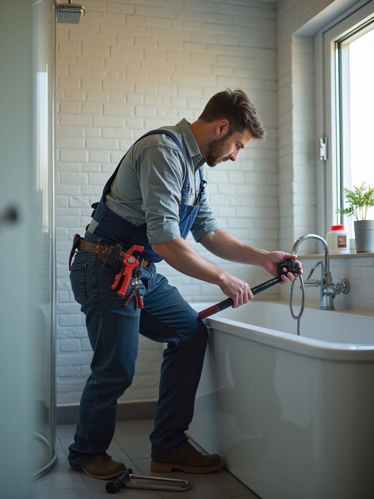 Loodgieter met gereedschap in badkamer