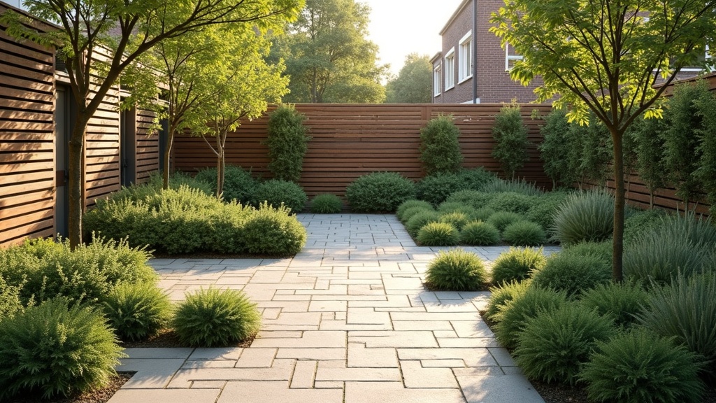 Aangelegde tuin met paden en volgroeide beplanting