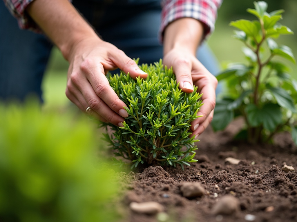 Hovenier plant een struik in verse tuinaarde
