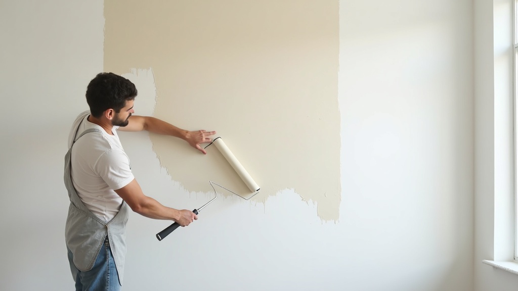 Schilder rolt een muur in een lichte kamer