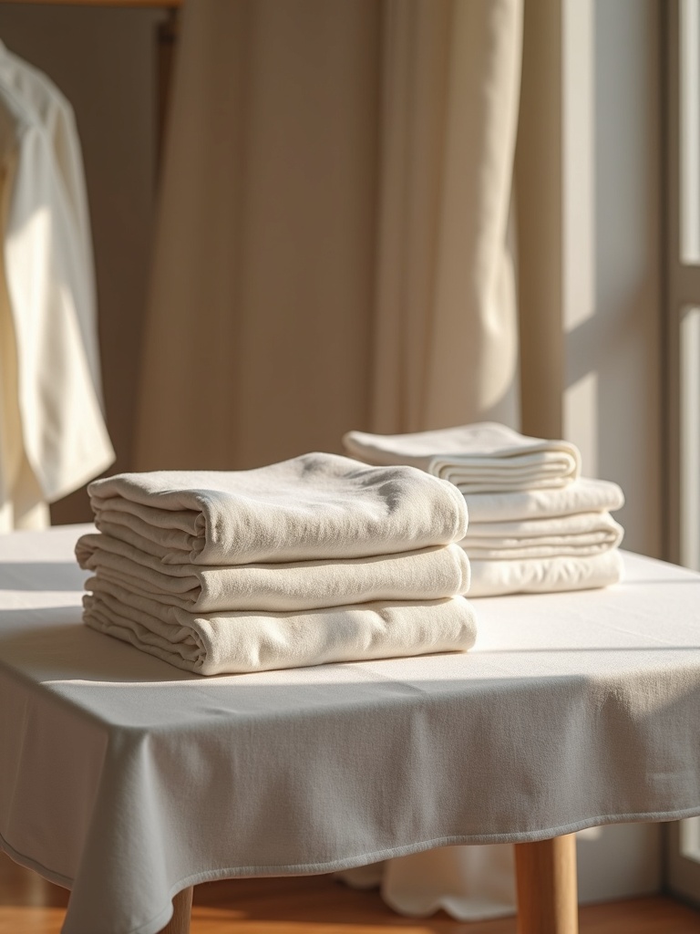 Gevouwen kleding op een displaytafel